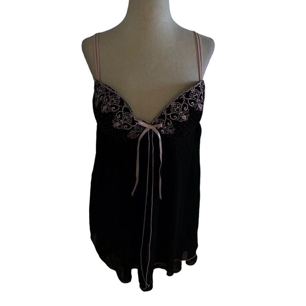 SECRETS Black Pink Flyaway Babydoll Chemise XLARGE Floral Embroidered Lingerie